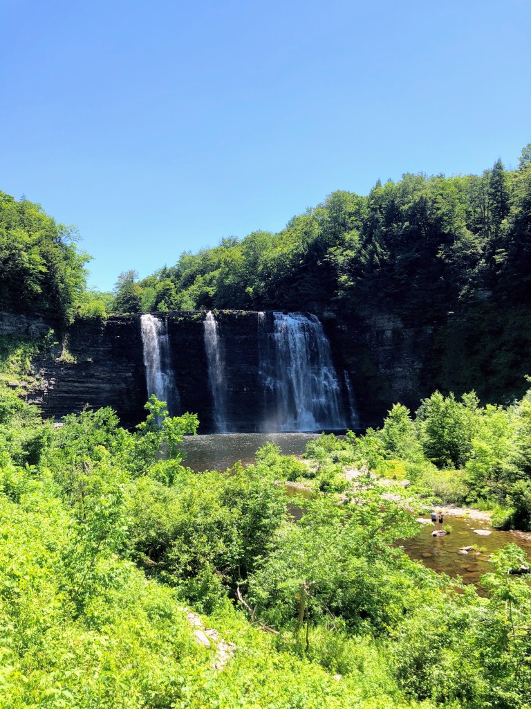 A full view of Salmon River Falls with luscious greenery surrounding the base.